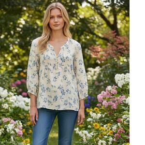 J Jill Love Linen Light Yellow with Blue Leaf Print Blouse Size XL